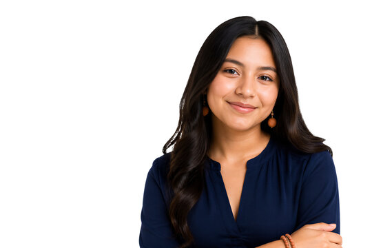 Young woman smiling looking at camera, navy blue blouse, isolated on transparent background. Portrait photography, lifestyle, commercial, advertising.