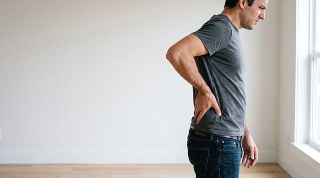 Lower back pain man holding aching spine in minimalist home interior with natural light and copy space for healthcare and physical therapy concept