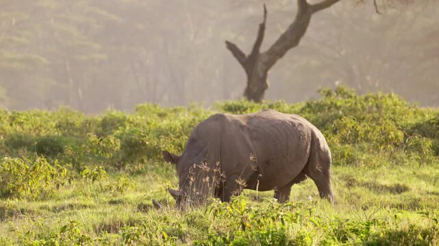 Video footage of African rhinoceros walking through grassland near Lake Nakuru in Lake Nakuru National Park, Kenya.