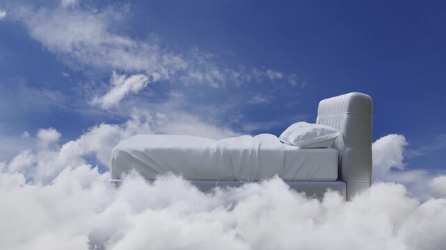 3D Animation of a flying bed over white clouds