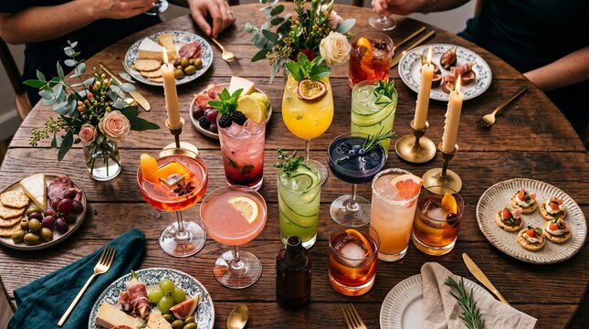 Assorted colorful craft cocktails and gourmet appetizers served on a rustic wooden table with candles