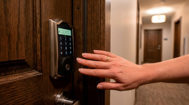 Hand Using Electronic Keypad Lock on Wooden Door in Hallway