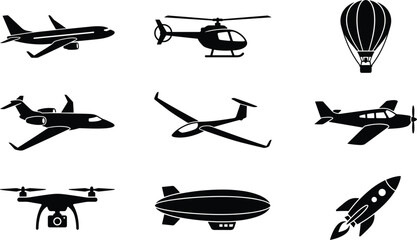 Air transport vehicle silhouette collection featuring passenger jet helicopter hot air balloon drone blimp and space rocket graphic elements © MDDELOAR
