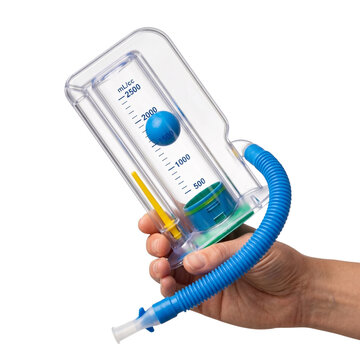 Breathing Exercises Lung. Hand holding spirometer for lung breathing exercise. Medical respiratory trainer device on transparent background. Winter health, respiratory therapy and lung recovery 