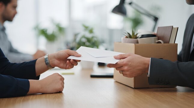 Close up of employee handing resignation letter to manager with cardboard box.