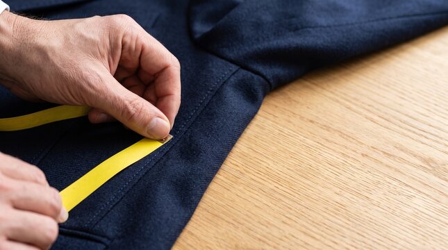 Professional tailor measuring suit jacket with yellow tape on wooden table, close-up of hands working on bespoke garment alteration