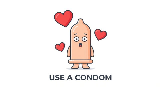 Cartoon condom character with red hearts and text caption on a white background