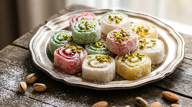 Colorful turkish delight pieces topped with pistachios on a vintage plate