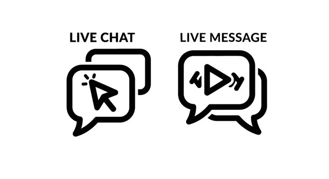 Live chat and live message speech bubble icons with interactive cursor and play button speech bubbles customer support online messaging chat icon