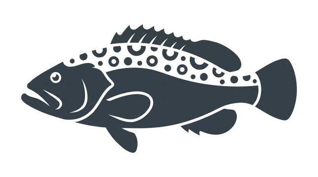 Minimalist dark grey silhouette of a spotted grouper fish isolated on a white background