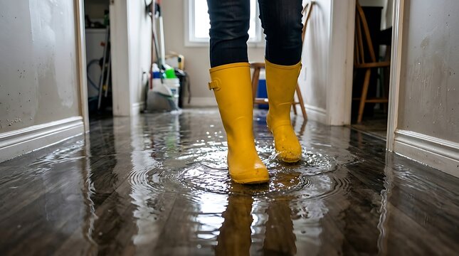Person wearing bright yellow rubber boots walking through a flooded hallway inside a house during a water leak disaster