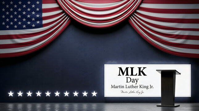 Martin luther king jr day celebration stage with american flag background and black podium lectern