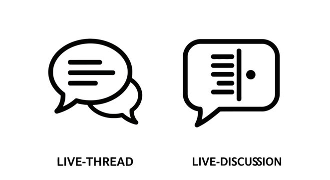 Minimalist black and white icons representing live thread and live discussion communication concepts with chat bubbles online chat speech bubbles