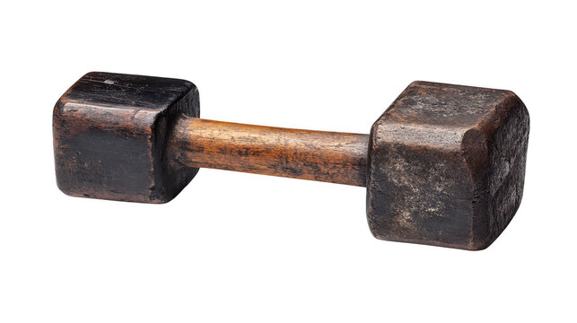 Wooden dumbbell features a vintage design with dark square blocks.