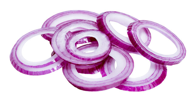 Isolated vibrant red onion rings, neatly cut fresh organic vegetable ingredient for cooking