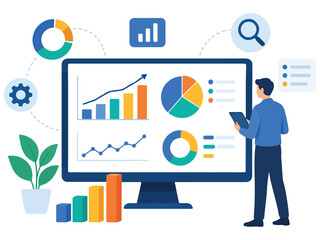Fototapeta premium Data analysis illustration showing businessman analyzing dashboard financial chart performance reports. Business analytics vector illustration with man analyzing computer dashboard data and charts. 