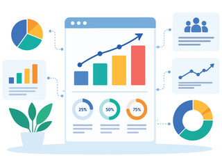 Fototapeta premium Business dashboard illustration for web analytics financial growth and statistical data reports. Business dashboard flat vector illustration with financial growth charts pie graphs and metrics.