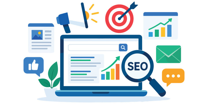 SEO optimization illustration for digital marketing laptop analysis target strategy and social media growth. Search engine optimization concept vector illustration with laptop magnifying glass target 
