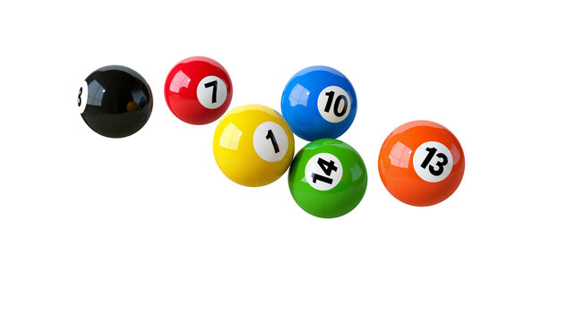 Isolated pool balls numbered eight, seven, one, ten, fourteen, and thirteen