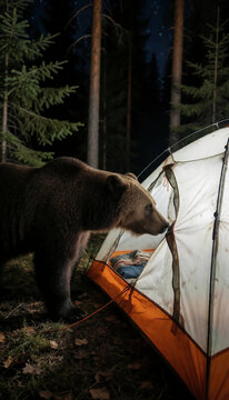 A bear is near a tent in a forest at night. The area is surrounded by trees. The tent shows signs of having been used by tourists. Caution is needed. Wild animals and humans. Generative AI