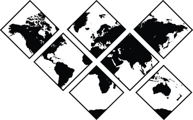 Black world map layout divided into geometric diamond frames featuring continents isolated on a clean white background vector © MDDELOAR