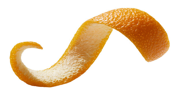 Isolated aromatic fresh orange peel spiral twist showing textured zest and inner white pith