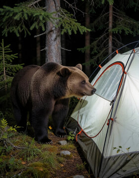 A bear is near a tent in the forest during night. The bear looks curiously at the tent presenting a risk to nearby campers. Forest surrounds the scene. Wild animals and humans. Generative AI