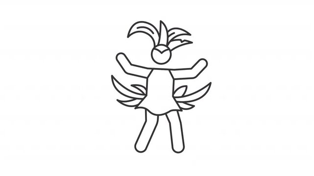 Animated dancing woman in festive suit outline icon. Brazilian carnival animation. Street musical show participant. World famous musical holiday. Flat line motion graphic loop on transparent white