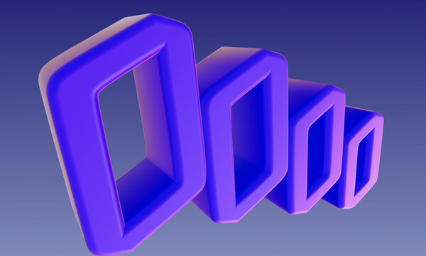 Abstract 3d rendering of a series of purple rectangular frames of decreasing size arranged in a perspective view against a gradient blue background