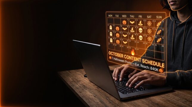 Halloween content calendar showing seven seasonal social media posts with estimated reach and trending campaign planning in a dark cinematic workspace