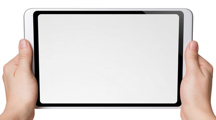 Isolated person's hands holding a modern digital tablet with a blank screen horizontally. © Diego