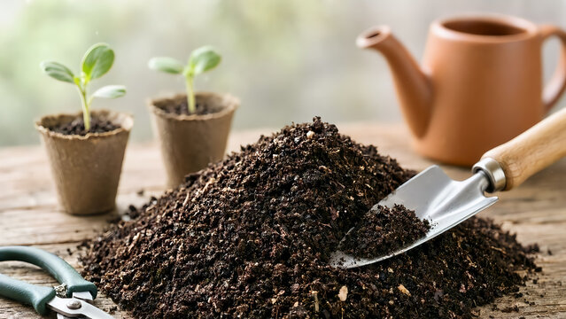 Pile of fertile organic soil with hand trowel, seedlings in peat pots, and watering pitcher on wooden table