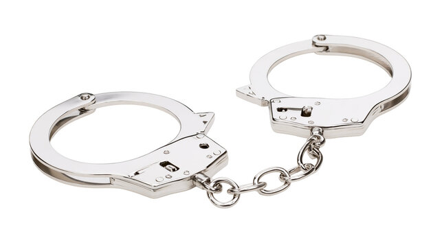 Isolated pair of shiny silver metal handcuffs linked by a chain representing justice and arrest