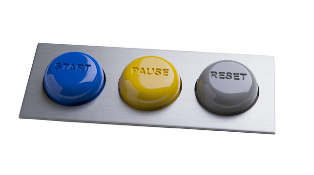 Isolated blue start, yellow pause, and gray reset push buttons on brushed metal control panel