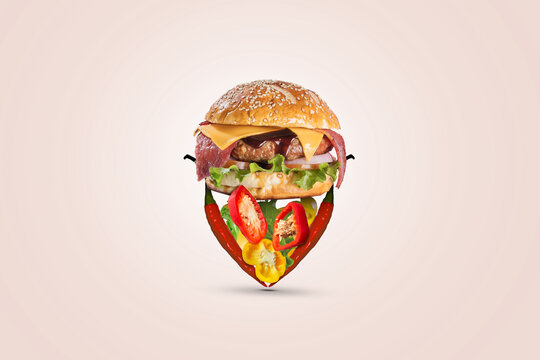 Burger shape in location symbol concept of location or address of restaurant concept. food or restaurant location point symbol isolated on white background.