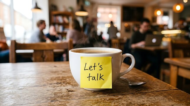 A cup of hot coffee with a yellow sticky note that says Let's Talk on a wooden table in a busy coffee shop cafe