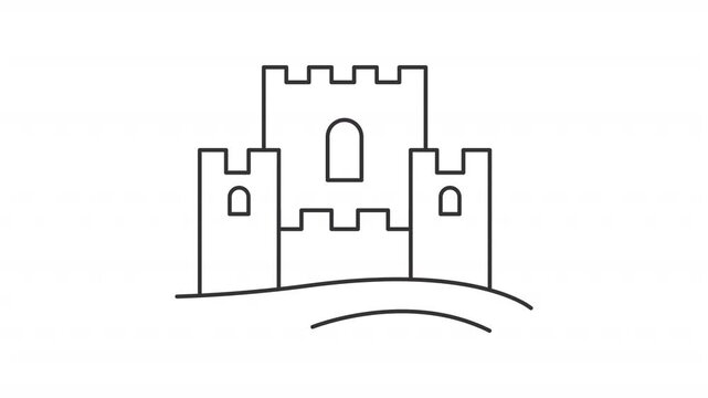 Animated castle of sand outline icon. Traditional beach game animation. Fairy tale building made by children. Toy fort on sea coast. Flat line motion graphic loop on transparent white