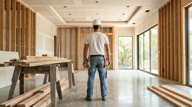 General contractor inside a modern house under construction, standing in a room with unfinished walls and exposed wiring