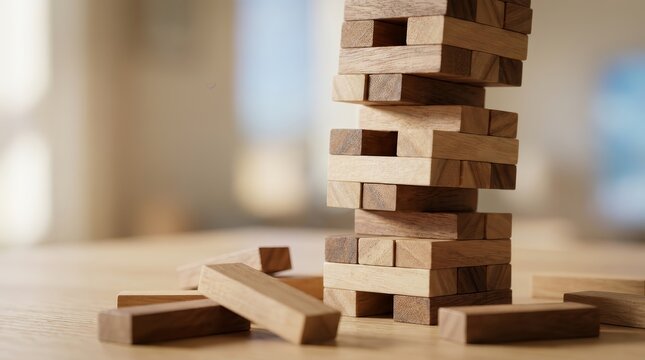 Macro shot of a wooden block stack game with fallen pieces.