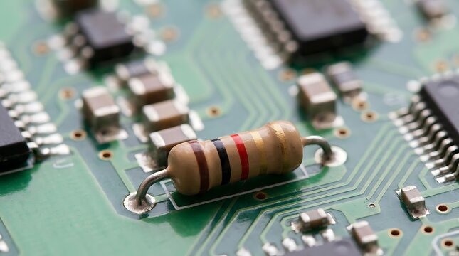 Close up of a small brown electronic resistor soldered onto a green printed circuit board with computer microchips