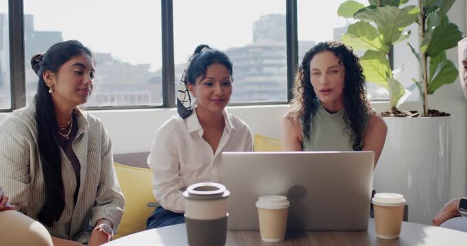 Female team leaning toward laptop in office lounge, fourth woman joining right, reviewing plan