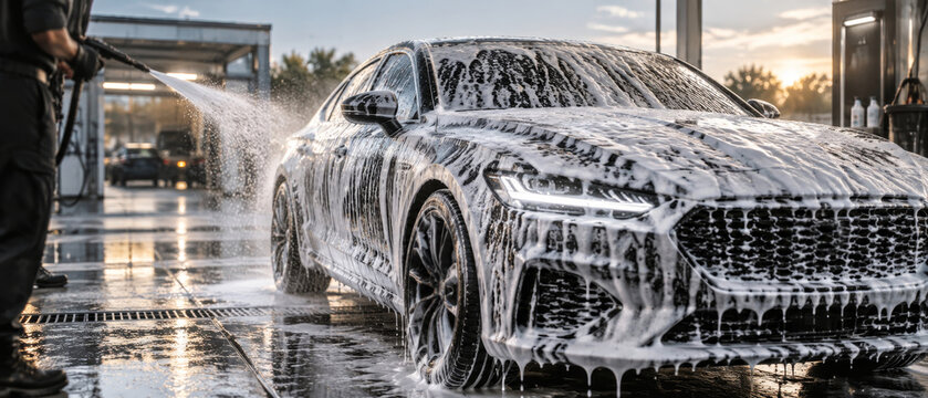 Man uses pressure washer to rinse soapy car at car wash. Luxury sedan covered in white foam on wet pavement. Vehicle cleaning and auto detailing service concept.
