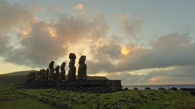 Ahu Tongariki moai statues on Easter Island, Rapa Nui landscape, Chile