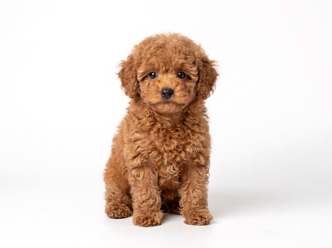 Fluffy brown poodle puppy sitting against white background.