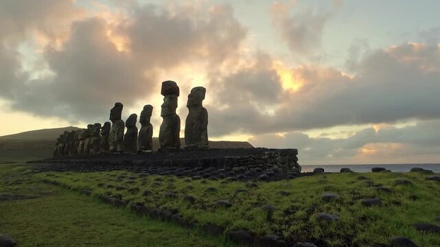 Ahu Tongariki moai statues on Easter Island, Rapa Nui landscape, Chile