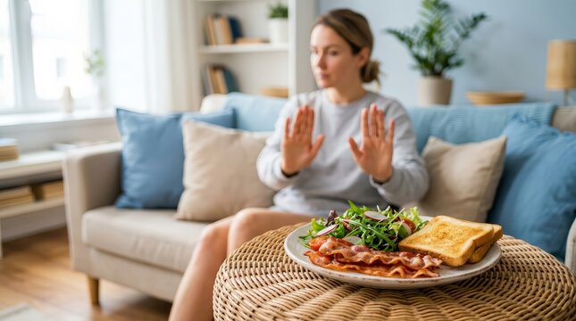 Healthy eating concept showing a woman using hand gestures to refuse food.