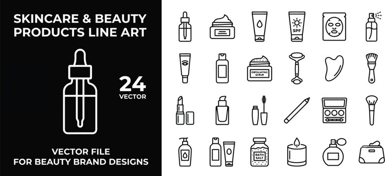 Skincare and beauty products line art, 24 vector icons set for cosmetic brand design, minimalist makeup and facial care outline illustrations
