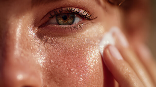 Woman applying skincare cream on her face during daylight at an outdoor location