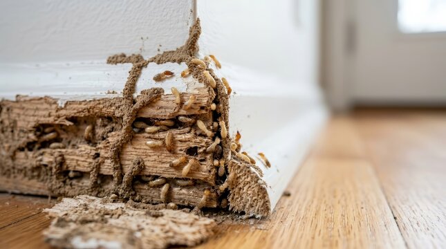 Wood surface showing signs of termite infestation near a white wall.