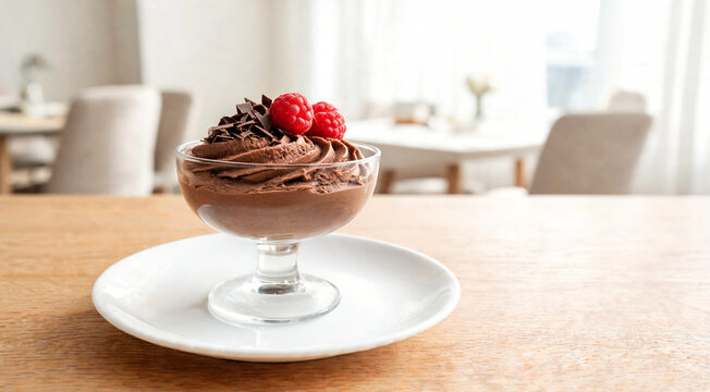 A delicious chocolate mousse dessert topped with fresh raspberries and chocolate shavings, served in a glass bowl on a white saucer.